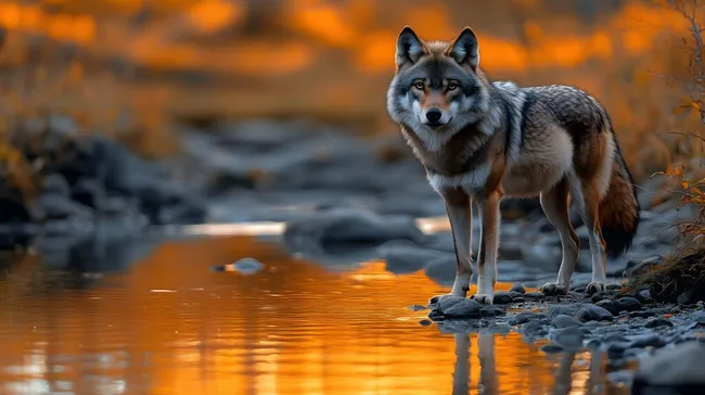 Einsamer Wolf an orangefarbenem Fluss im Sonnenuntergang