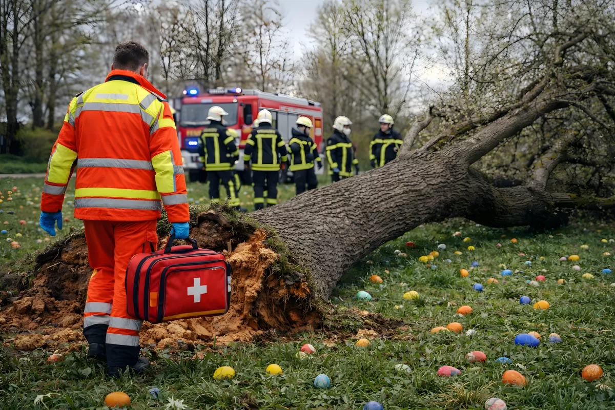 Einsatzkräfte im Einsatz nach Baumumsturz