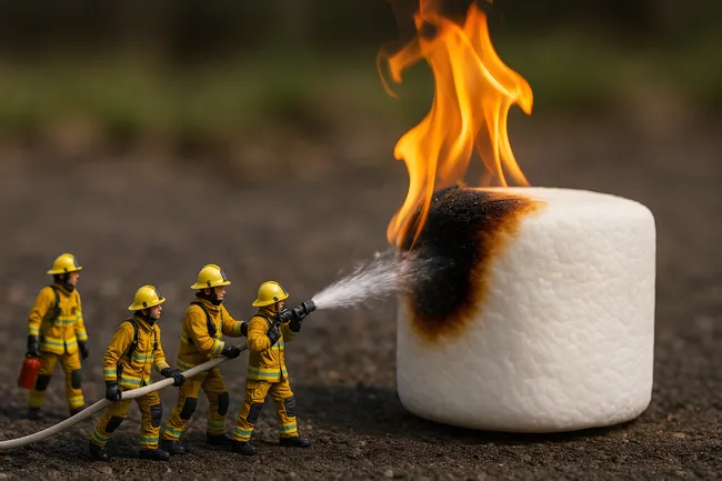 Einsatzkräfte löschen brennenden Marshmallow mit Feuerwehrschlauch