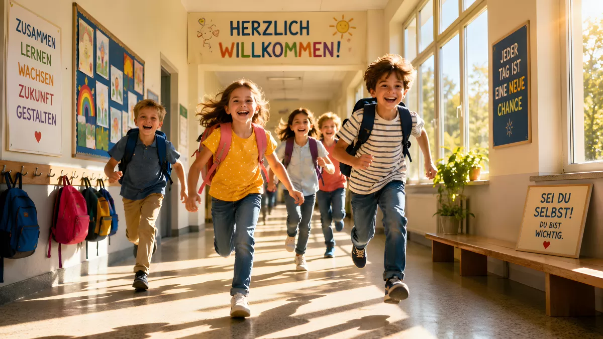 Einschulung: Fröhliche Schulkinder rennen durch hellen Schulflur