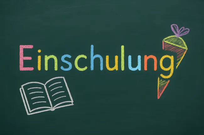 Einschulung mit Schultüte und Buch auf Tafel