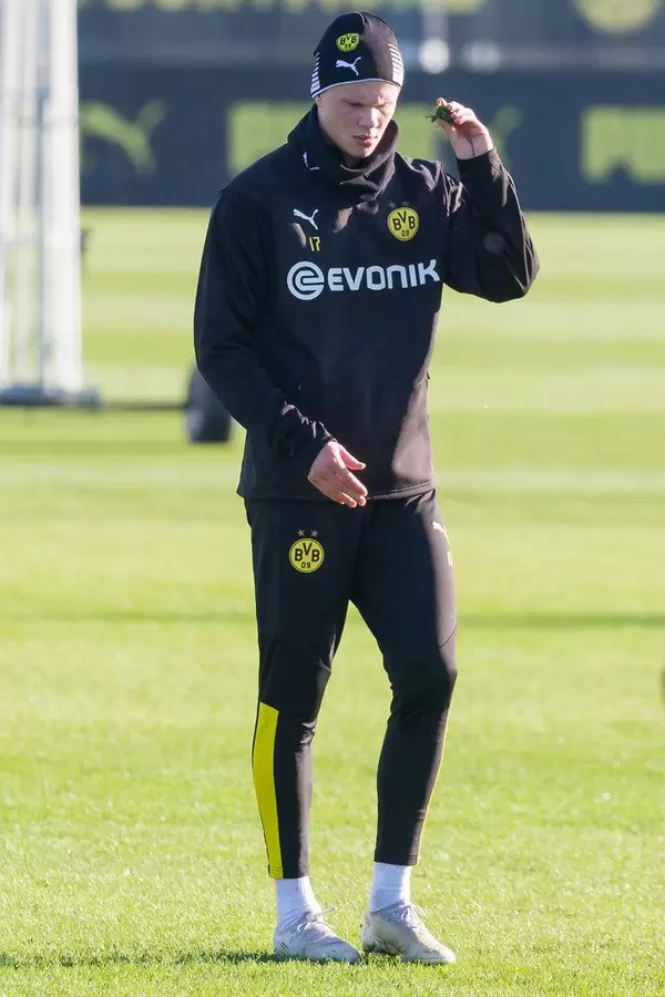 Einzelaufnahme: BVB-Neuzugang Erling Haaland hält ein kleines Stück Rasen in der Hand auf dem Trainingsplatz