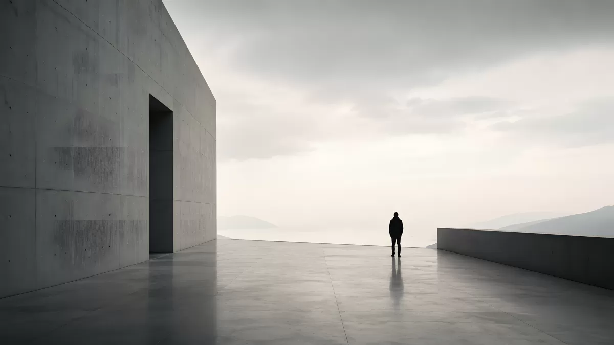Einzelne Person auf Betondach mit weitem Horizont