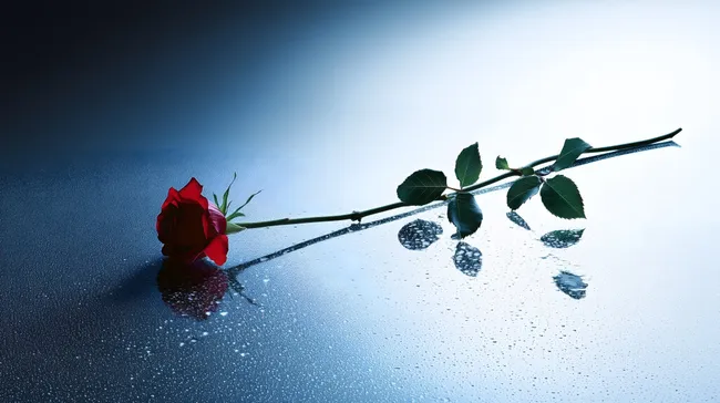 Einzelne Rote Rose auf Glasoberfläche mit Wassertropfen