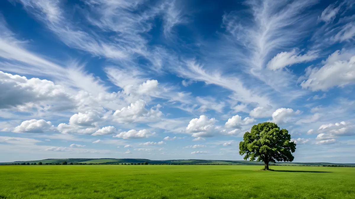 Einzelner Baum auf grüner Wiese unter Sommerhimmel