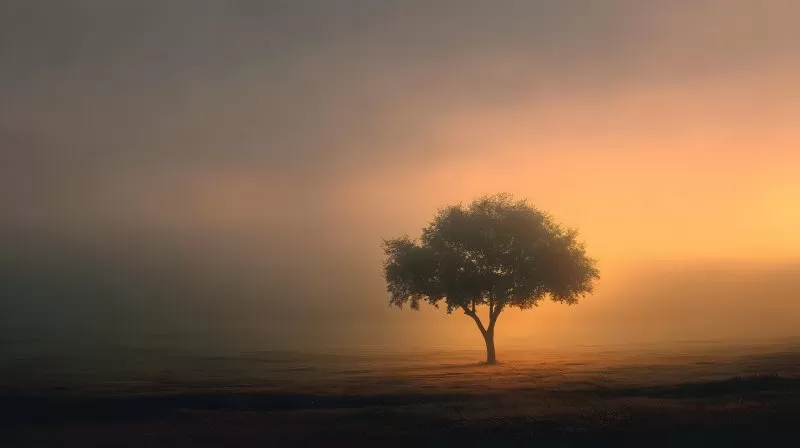 Einzelner Baum im Sonnenaufgang auf nebligem Feld