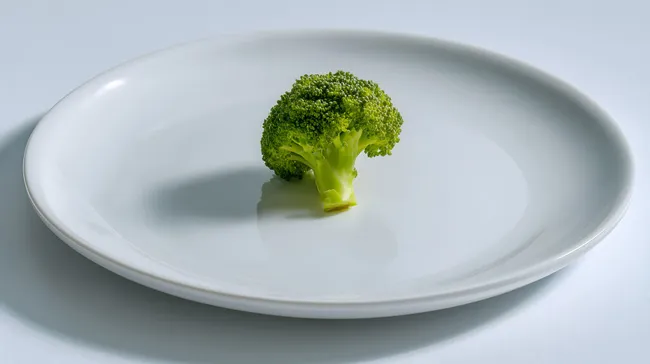 Einzelner Brokkoli-Floret auf weißer Keramikplatte