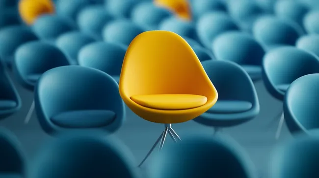 Einzelner gelber Stuhl in Reihe blauer Stühle