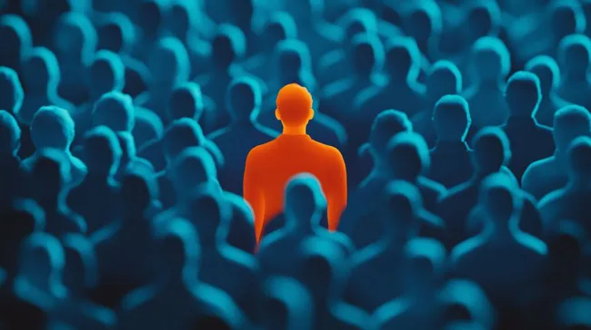 Einzelnes orangefarbenes Menschensymbol in blauer Menschenmenge