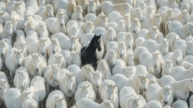 Einzigartige Schwarzes Pferd in Herde weißer Pferde