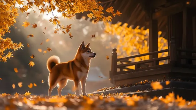 Einzigartiger Herbst-Moment mit Shiba Inu-Hund