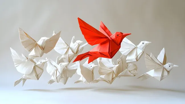 Einzigartiger Origami-Vogel hebt sich von Gruppe ab