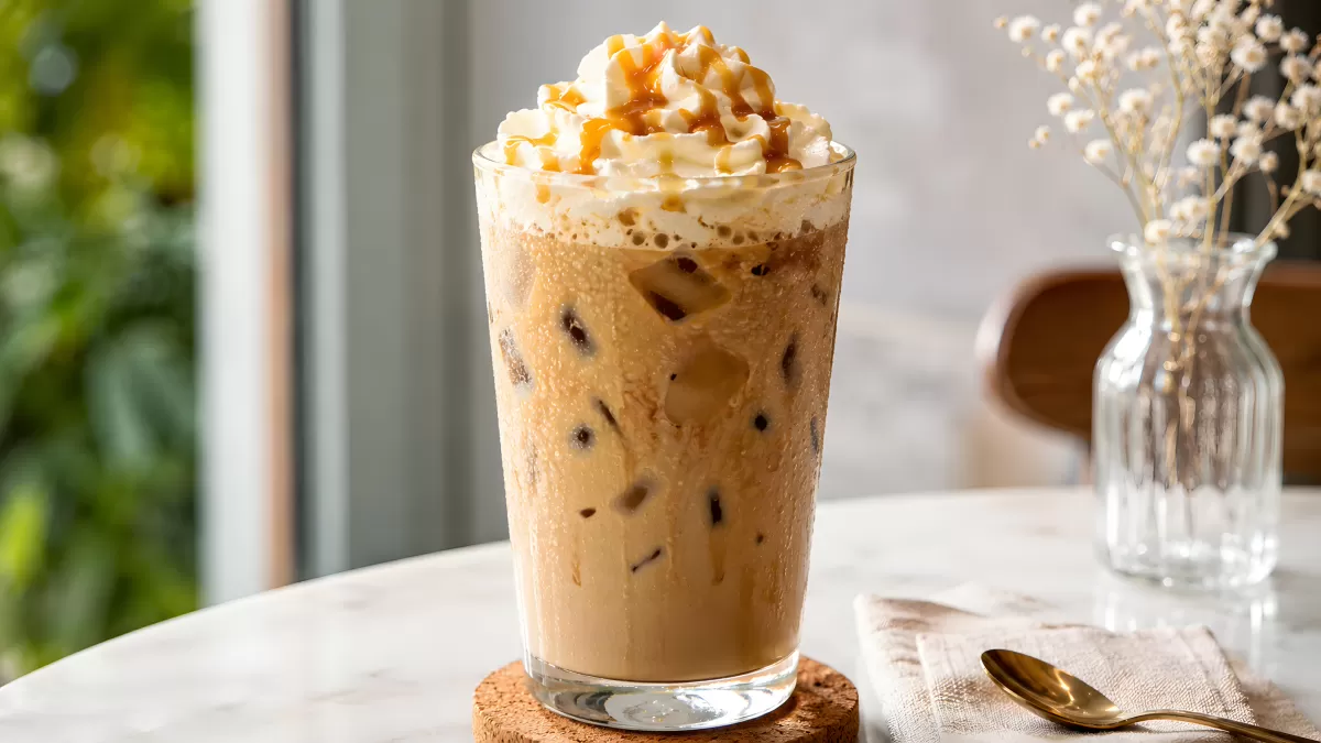 Eis-Caramel-Latte mit Sahnehaube im Glas