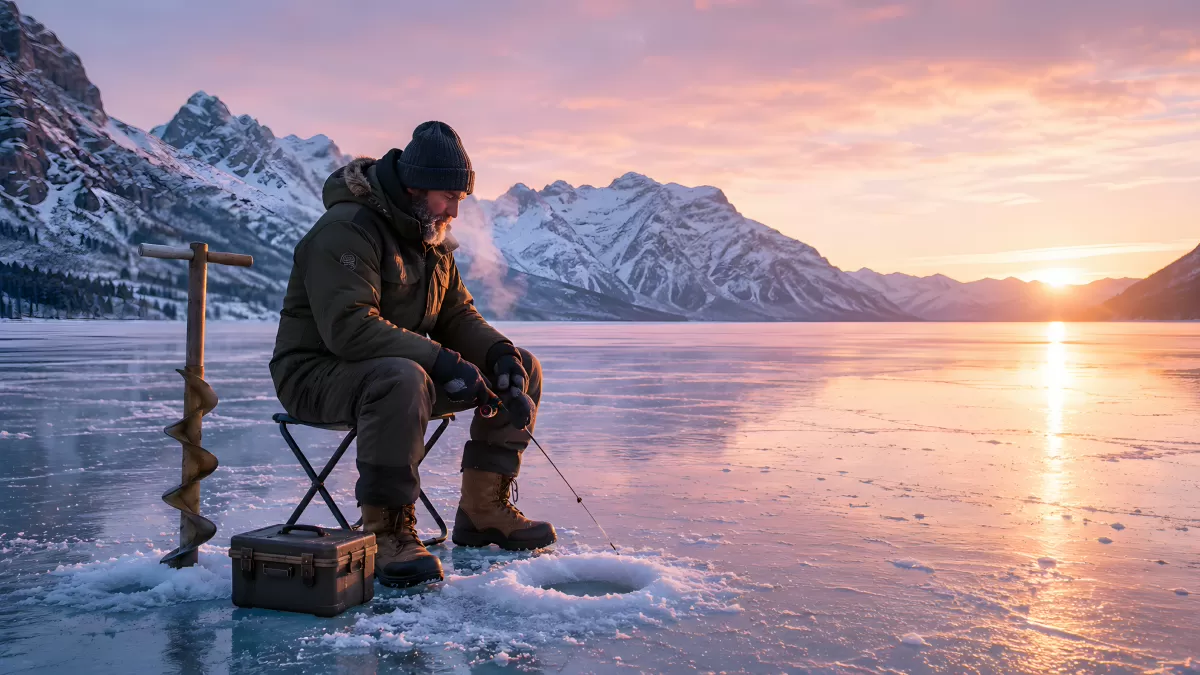 Eisangler sitzt bei Sonnenuntergang auf gefrorenem See