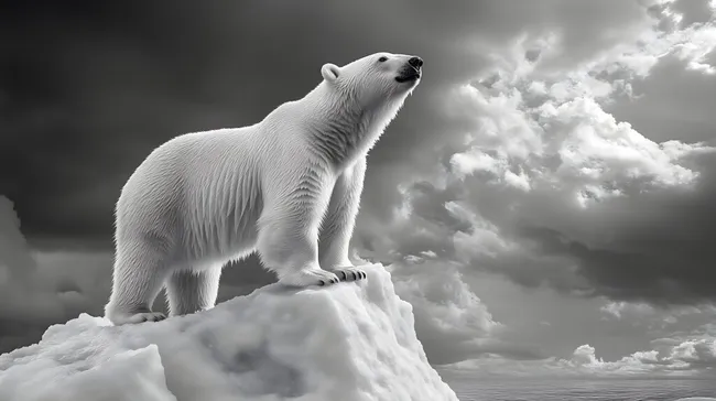 Eisbär auf schmelzendem Eisberg vor Gewitterhimmel