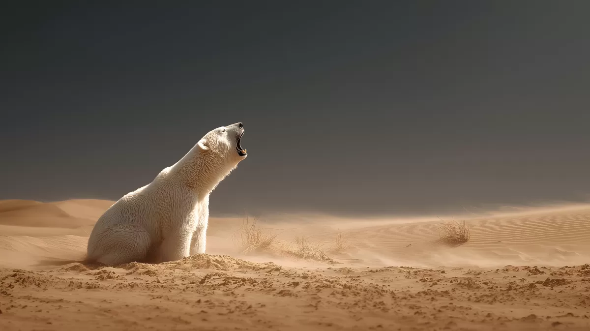 Eisbär brüllt in sandiger Wüste