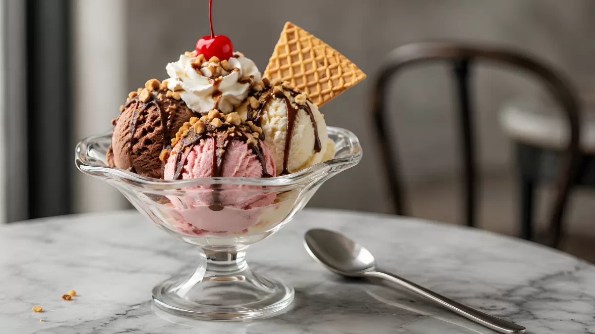 Eisbecher mit drei Sorten und Sahnehäubchen