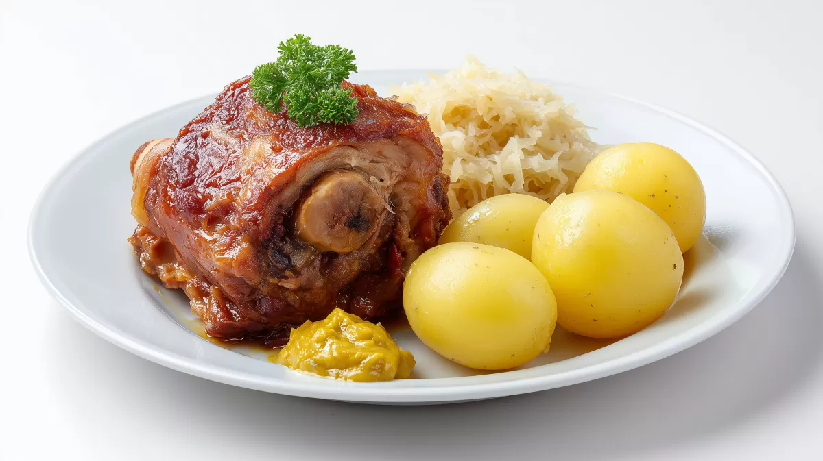 Eisbein mit Sauerkraut, Kartoffeln und Senf