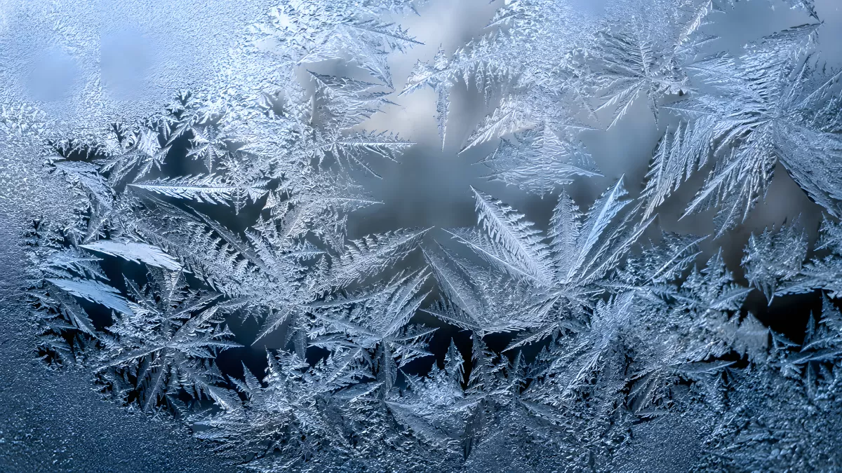 Eisblumen auf Fensterglas in Nahaufnahme