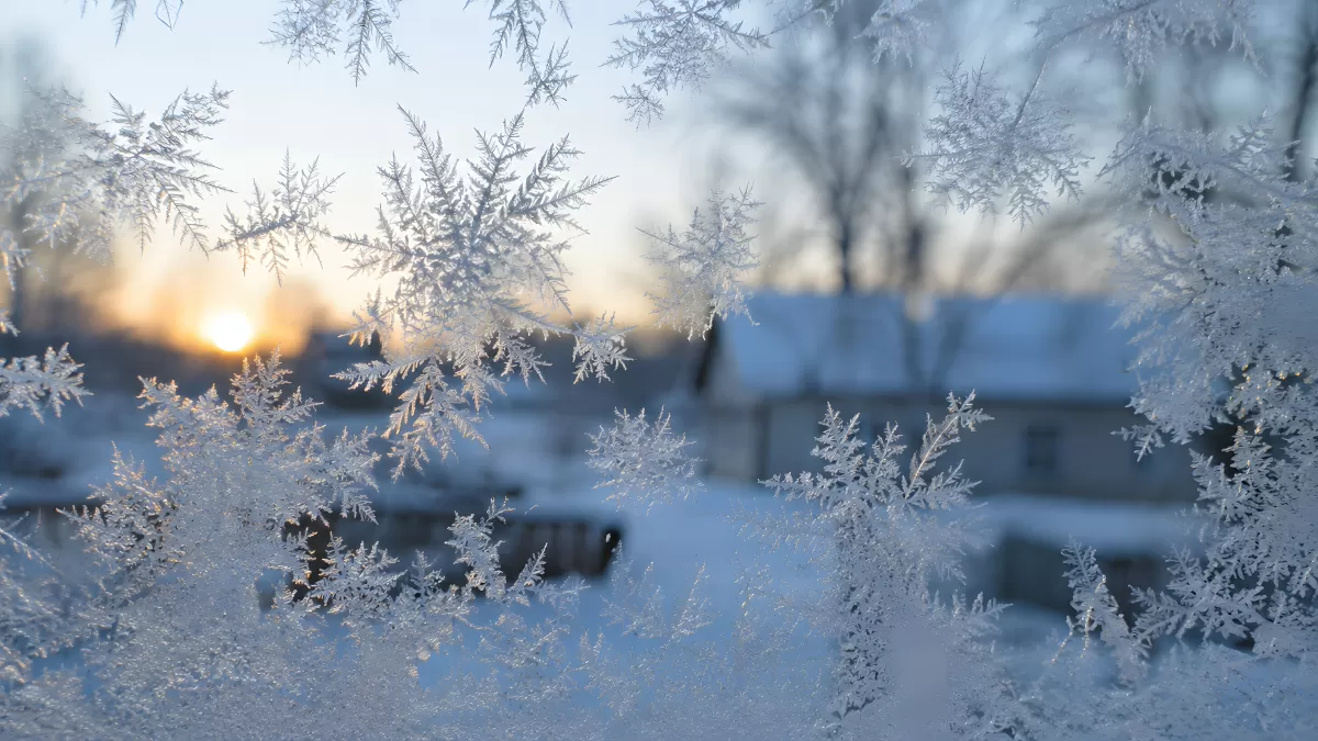 Eisblumen auf Fensterscheibe vor Winterlandschaft
