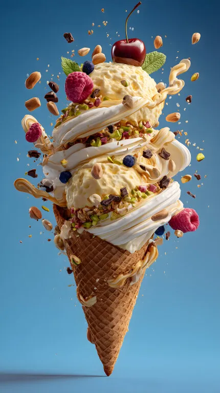 Eisdelikatesse mit Früchten und Nüssen auf Blau