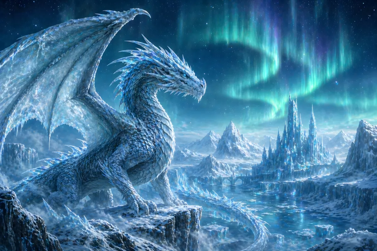 Eisdrache vor Nordlicht und Kristallburg im Winter