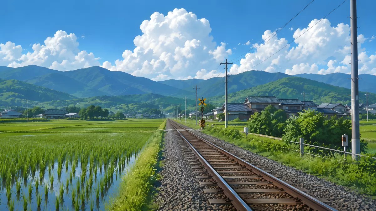 Eisenbahnlinie durch japanische Reisfelder im Sommer
