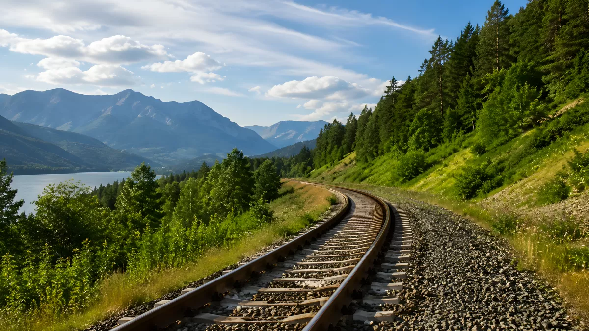 Eisenbahnschienen durch Berglandschaft am See