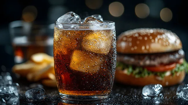 Eisgekühlter Erfrischungsdrink mit Burger