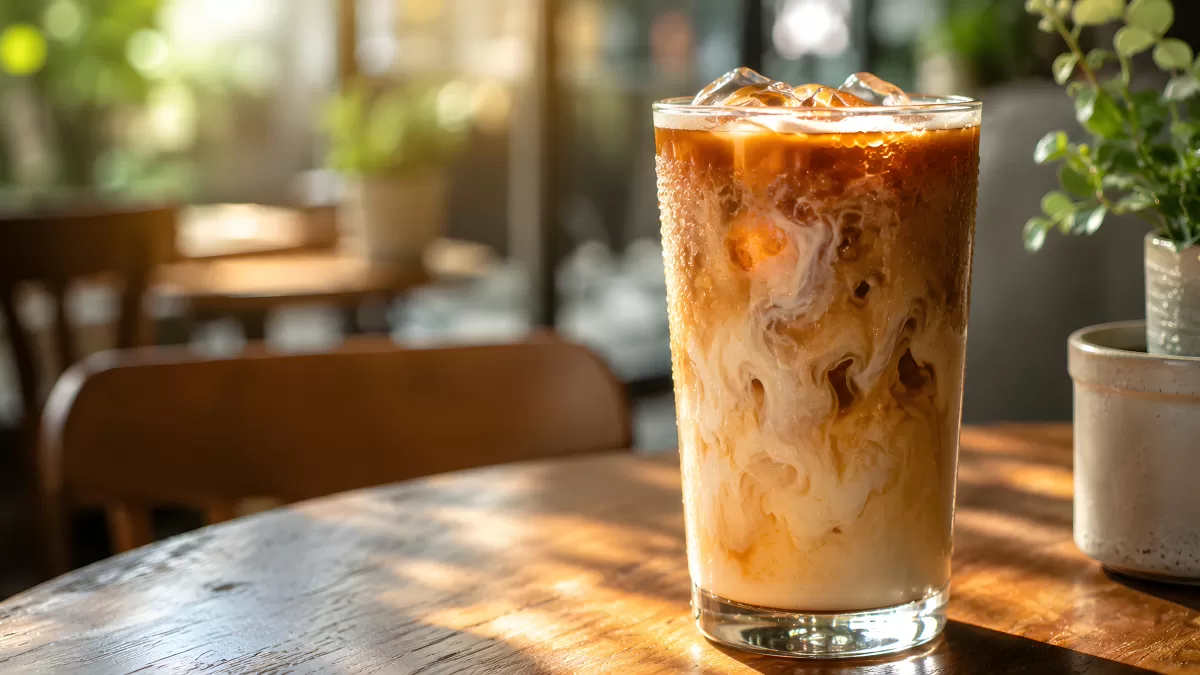 Eisgekühlter Milchkaffee mit Milchswirl im Café