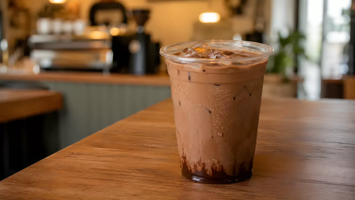 Eisgekühlter Mokka im Café auf Holztheke