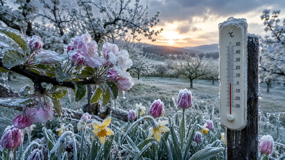 Eisheilige: Vereiste Frühlingsblüten im Spätfrost
