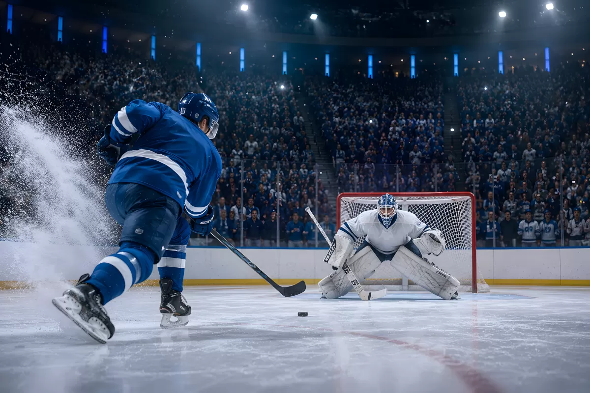 Eishockeyspieler im Breakaway vor dem Tor