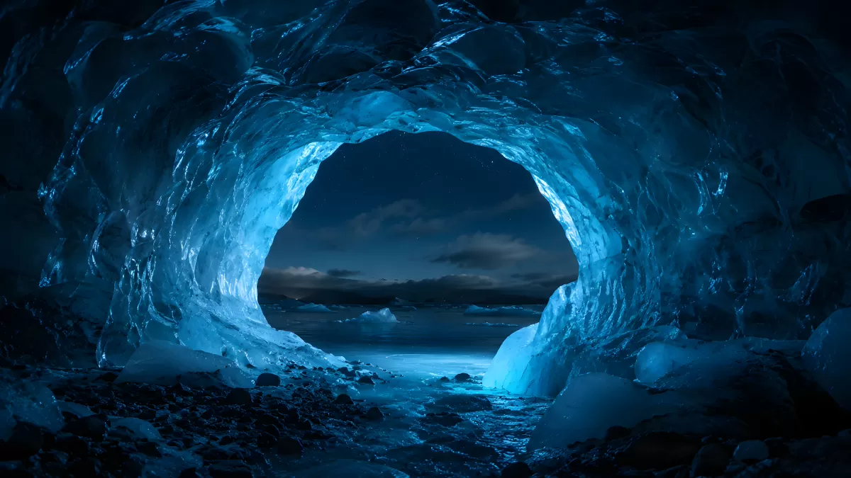 Eishöhle mit Blick auf nächtlichen Gletscher