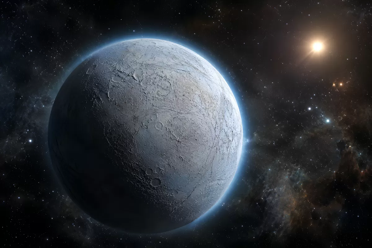 Eisiger Exoplanet im Weltall mit Sternen im Hintergrund