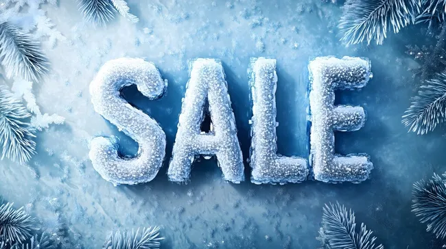 Eisiger Schriftzug-Verkauf mit Schnee und Tannenzweigen