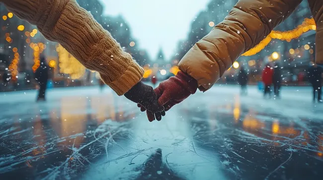 Eisiges Paar hält sich bei Schneefall an den Händen