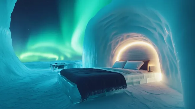Eisiges Schlafzimmer unter Polarlicht-Himmel