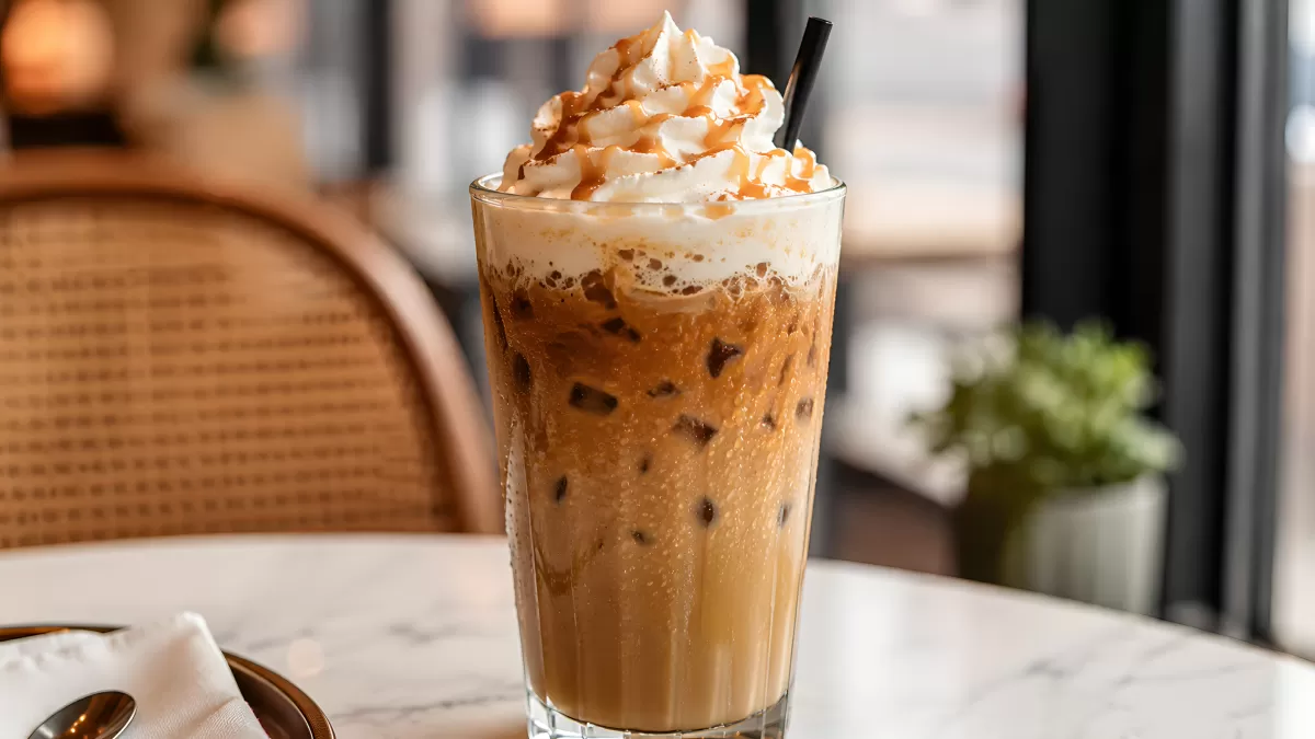 Eiskaffe mit Sahne und Karamellsoße im Café