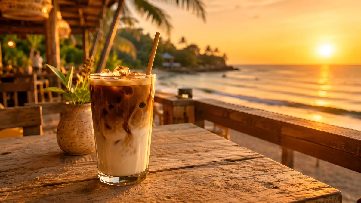 Eiskaffee am Strand bei goldenem Sonnenuntergang