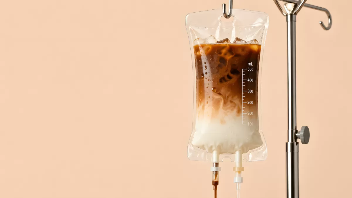 Eiskaffee mit Milch in einem medizinischen Infusionsbeutel