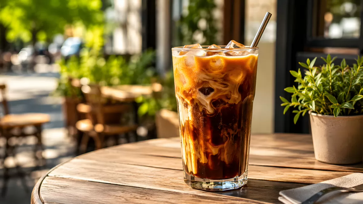 Eiskaffee mit Sahnewirbel im Café-Außenbereich