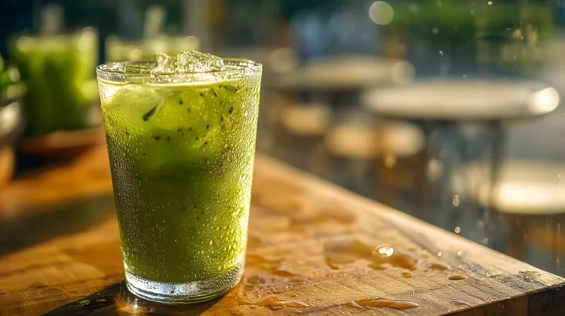 Eiskalter Matcha-Drink mit Tau im Sonnenlicht