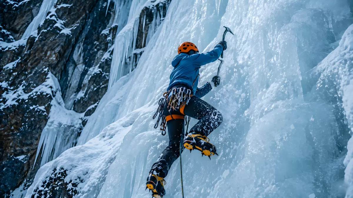 Eiskletterer an gefrorenem Wasserfall mit Steigeisen