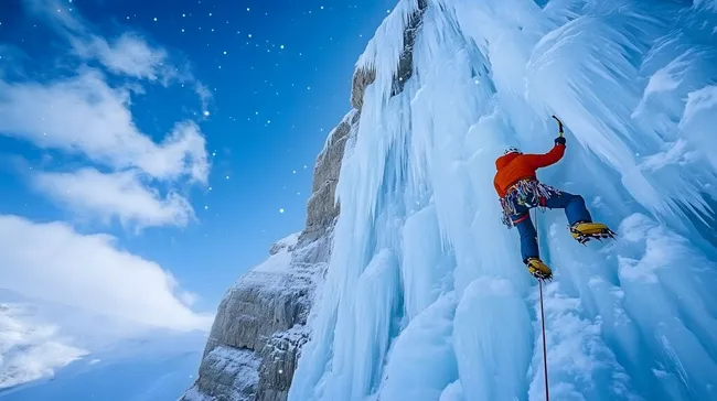 Eiskletterer an gefrorenem Wasserfall unter Sternenhimmel