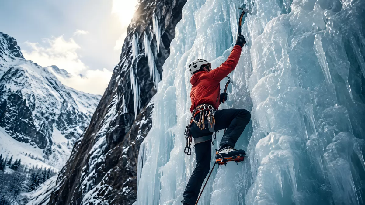 Eiskletterer erklimmt gefrorenen Wasserfall im Winter