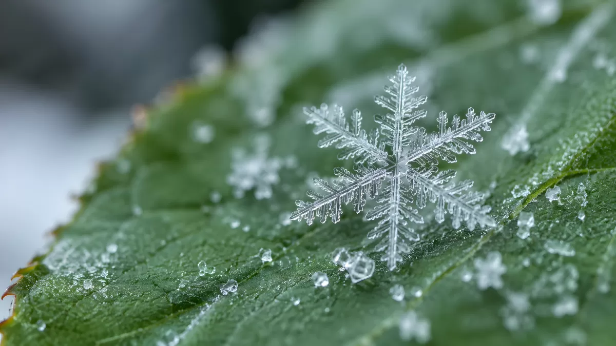 Eiskristall auf grünem Blatt in Nahaufnahme