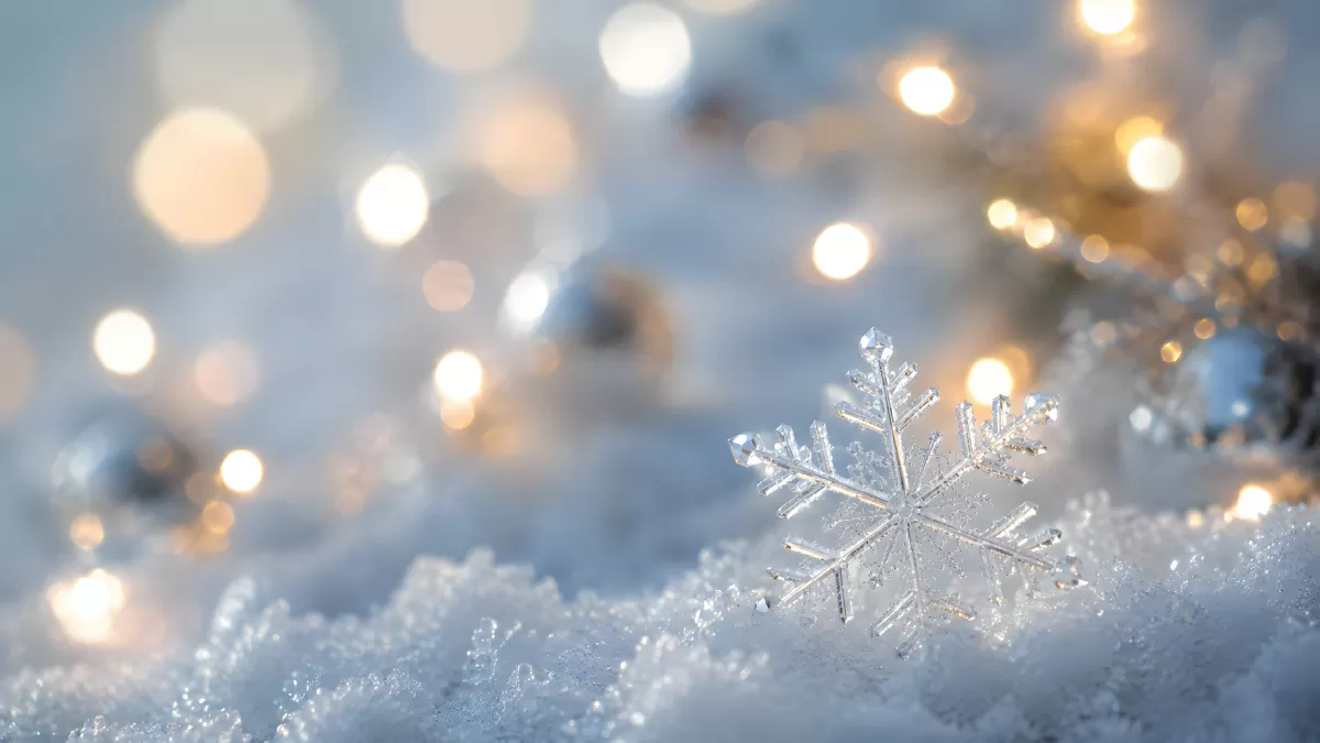 Eiskristall auf Schnee mit funkelnden Bokeh-Lichtern