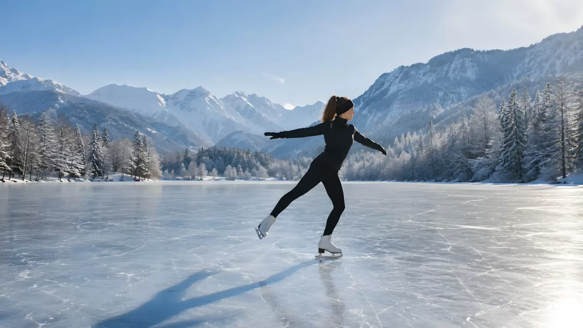 Eisläuferin auf gefrorenem Bergsee im Winter