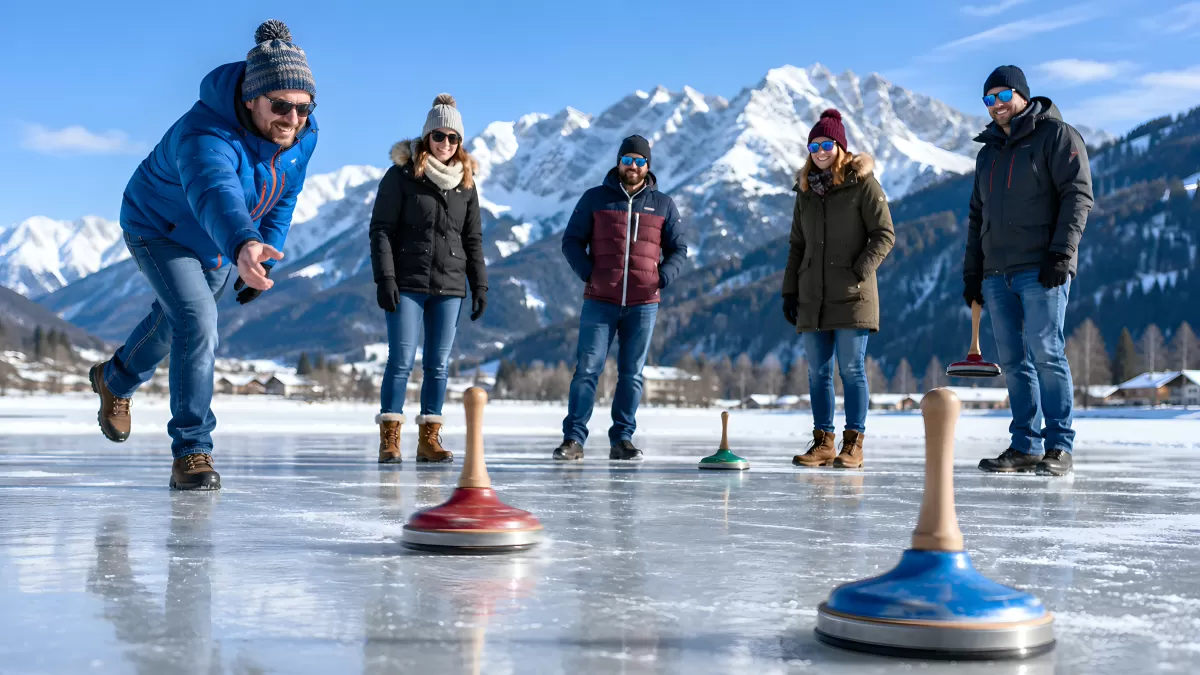 Eisstockschießen auf gefrorenem See vor Bergpanorama